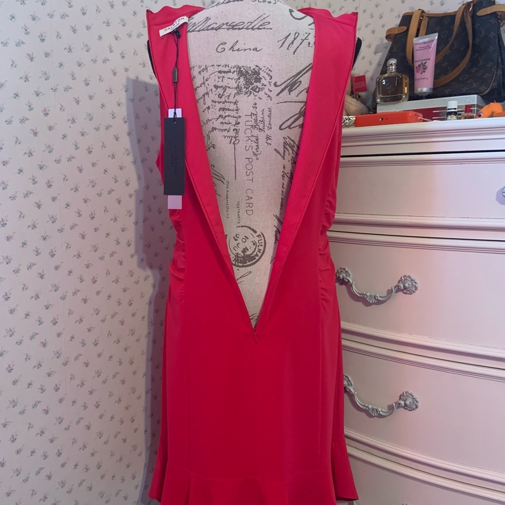 Halston Heritage Ruched Ruffle Fuchsia Dress - Picture 14 of 15